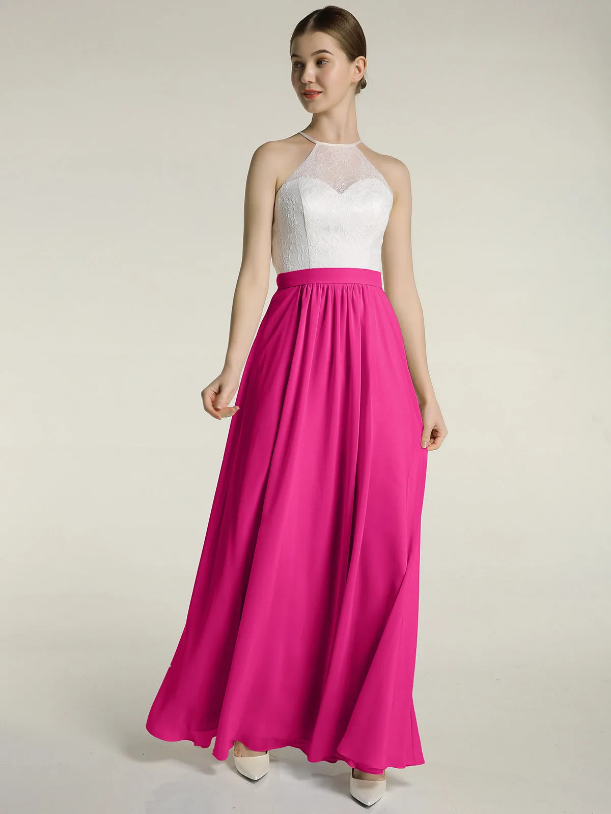 Chiffon Long Dresses with Ivory Lace Bodice-Fuchsia