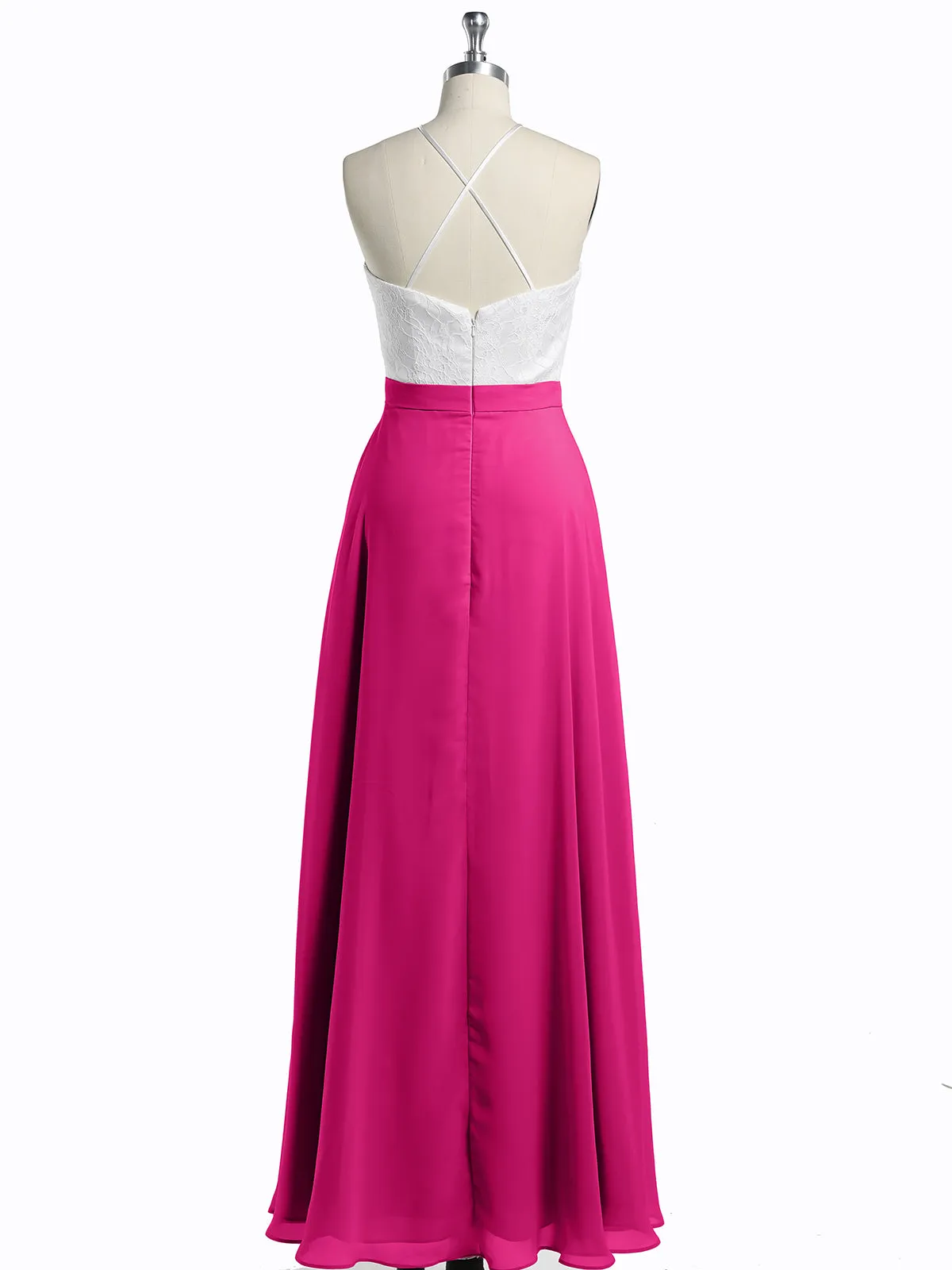 Chiffon Long Dresses with Ivory Lace Bodice-Fuchsia
