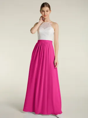 Chiffon Long Dresses with Ivory Lace Bodice-Fuchsia