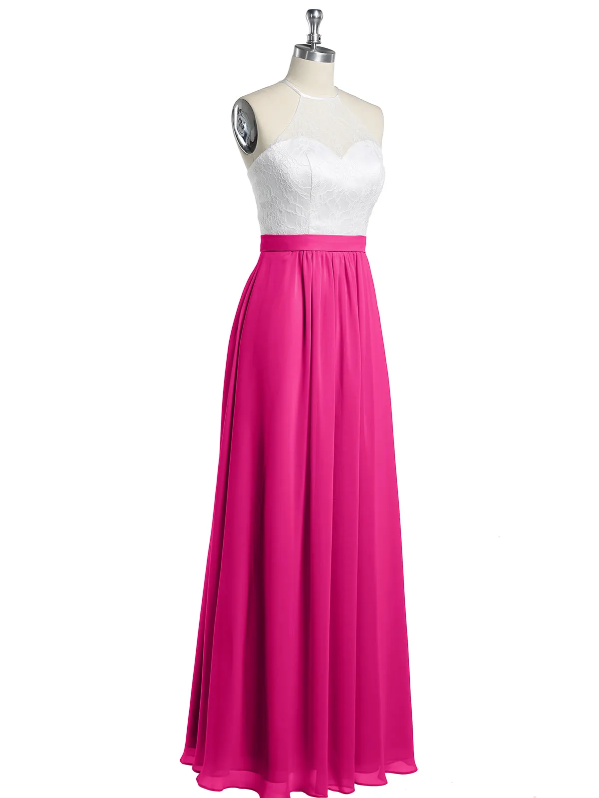 Chiffon Long Dresses with Ivory Lace Bodice-Fuchsia