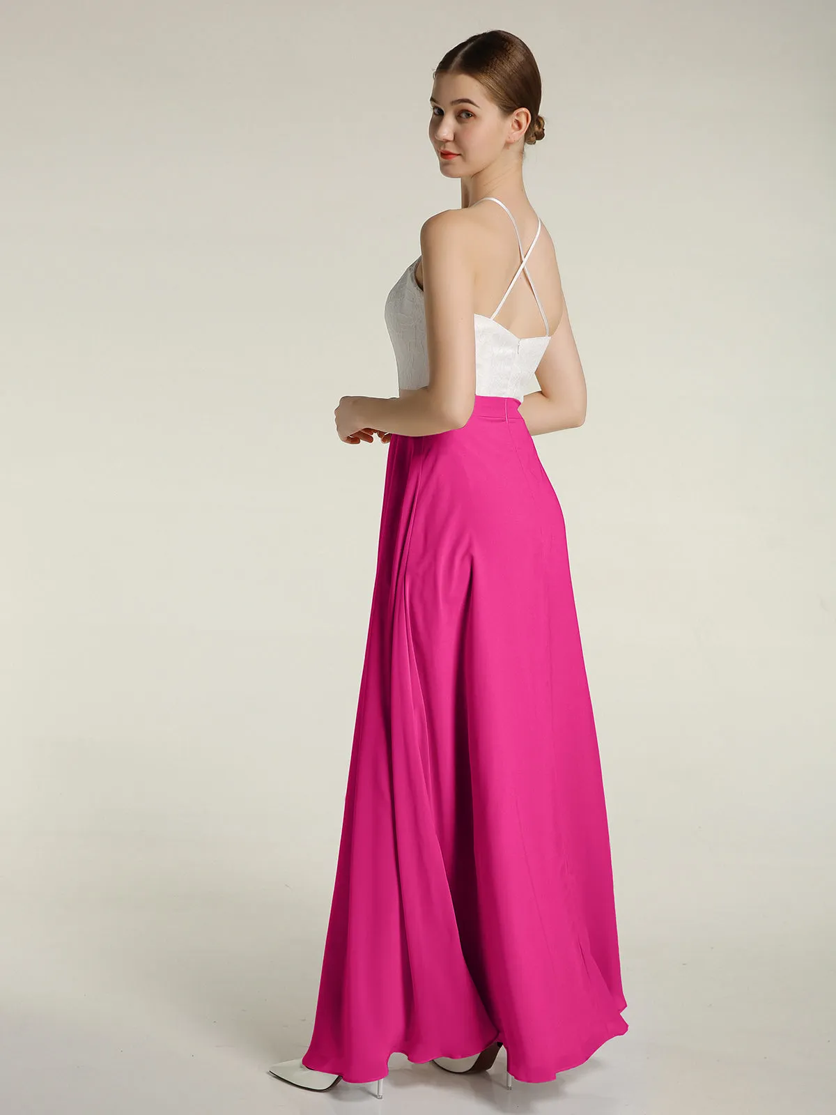 Chiffon Long Dresses with Ivory Lace Bodice-Fuchsia