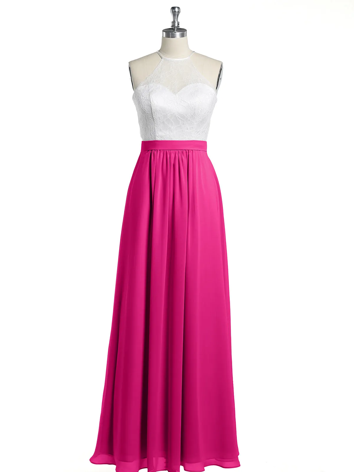 Chiffon Long Dresses with Ivory Lace Bodice-Fuchsia