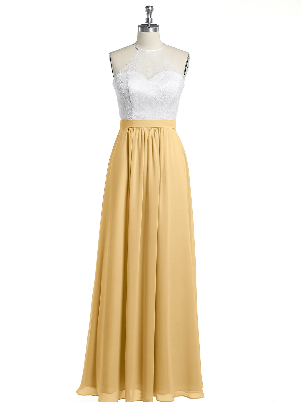 Chiffon Long Dresses with Ivory Lace Bodice-Gold Plus Size