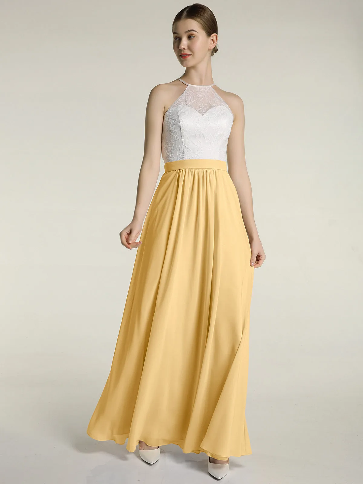 Chiffon Long Dresses with Ivory Lace Bodice-Gold Plus Size