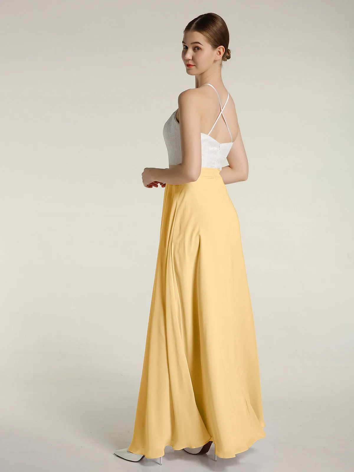 Chiffon Long Dresses with Ivory Lace Bodice-Gold Plus Size