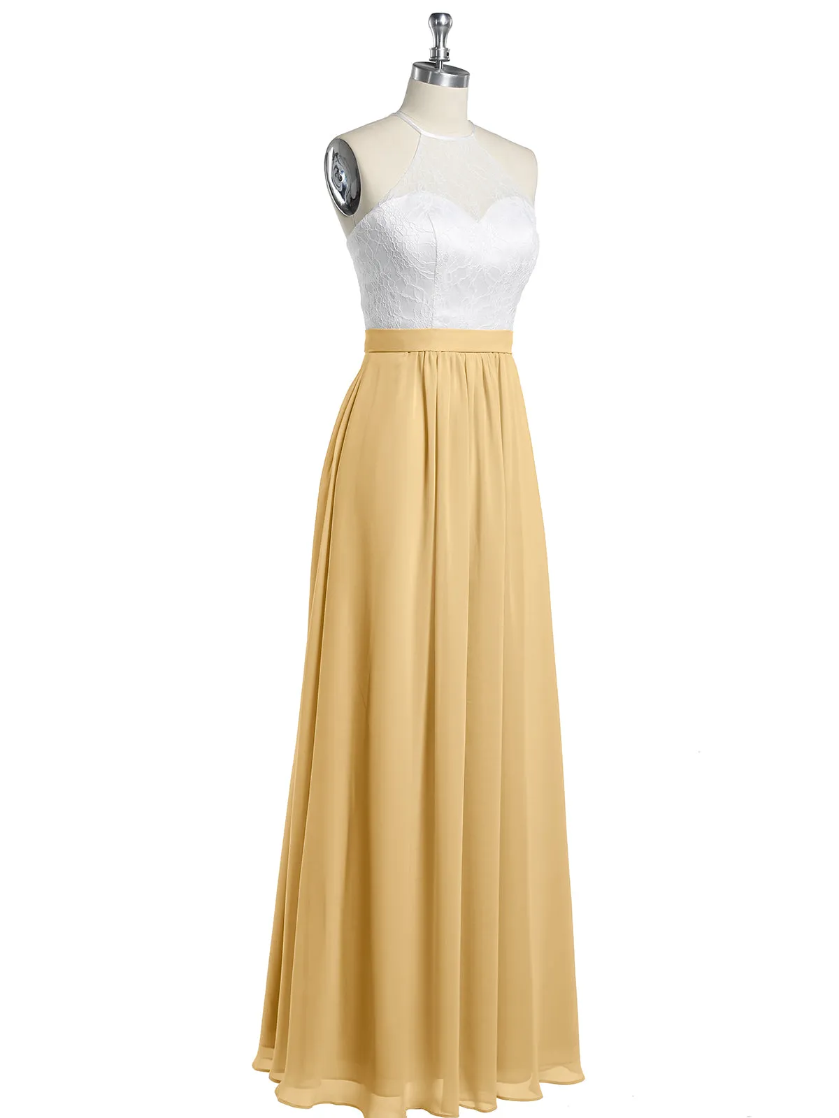 Chiffon Long Dresses with Ivory Lace Bodice-Gold Plus Size