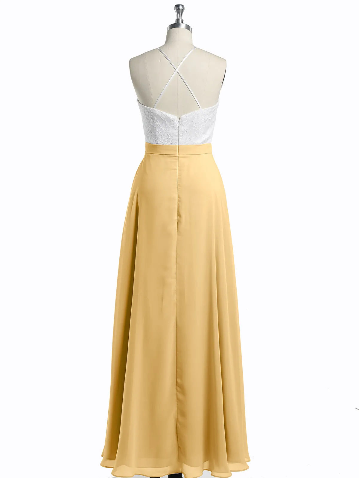 Chiffon Long Dresses with Ivory Lace Bodice-Gold Plus Size