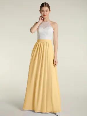 Chiffon Long Dresses with Ivory Lace Bodice-Gold Plus Size