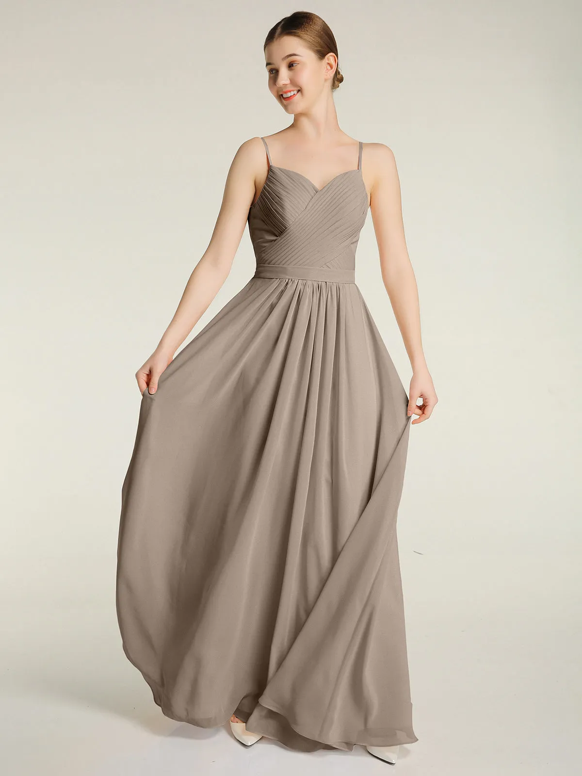 Cross Pleated Bodice Spaghetti Strap Dresses Taupe Plus Size