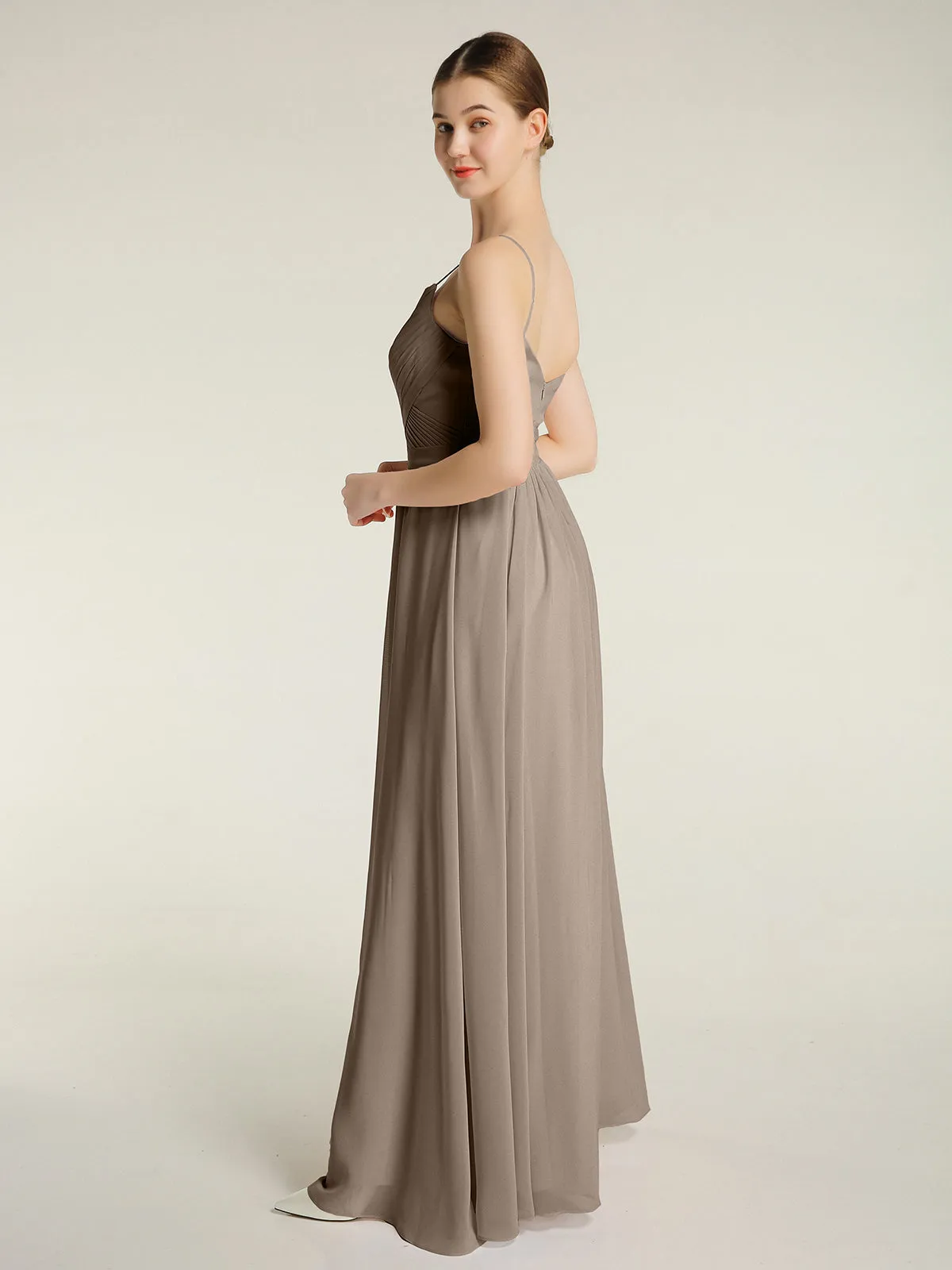 Cross Pleated Bodice Spaghetti Strap Dresses Taupe Plus Size