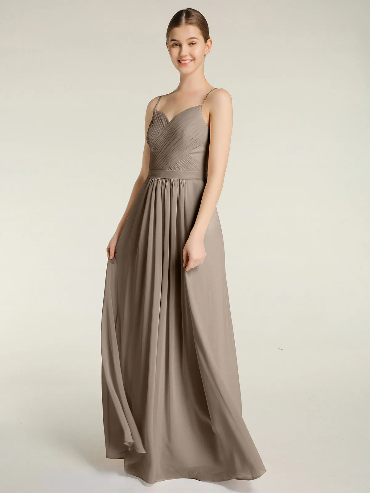 Cross Pleated Bodice Spaghetti Strap Dresses Taupe Plus Size