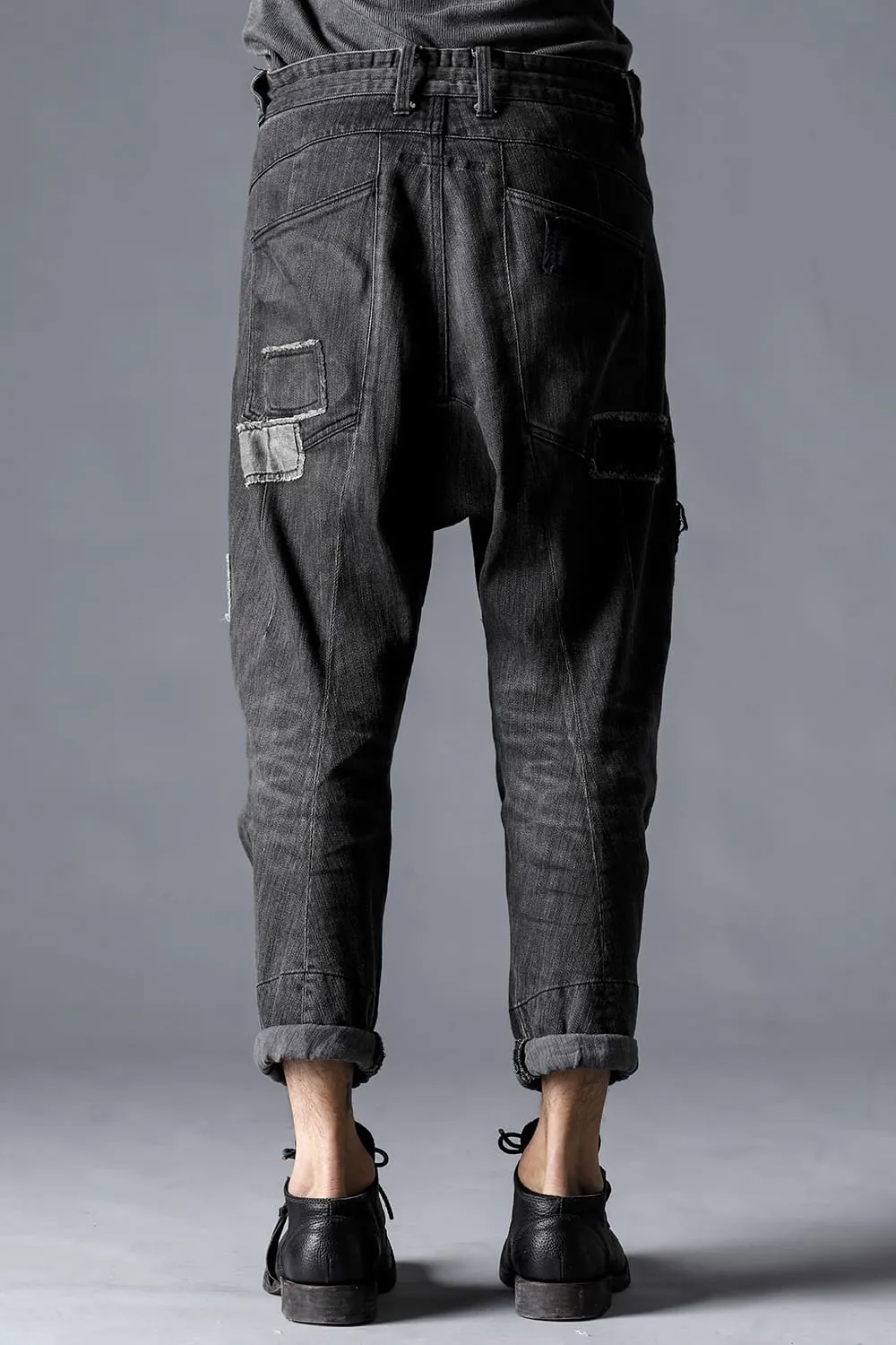 Damage Repair Curved Tapered Drop Crotch Denim Pants