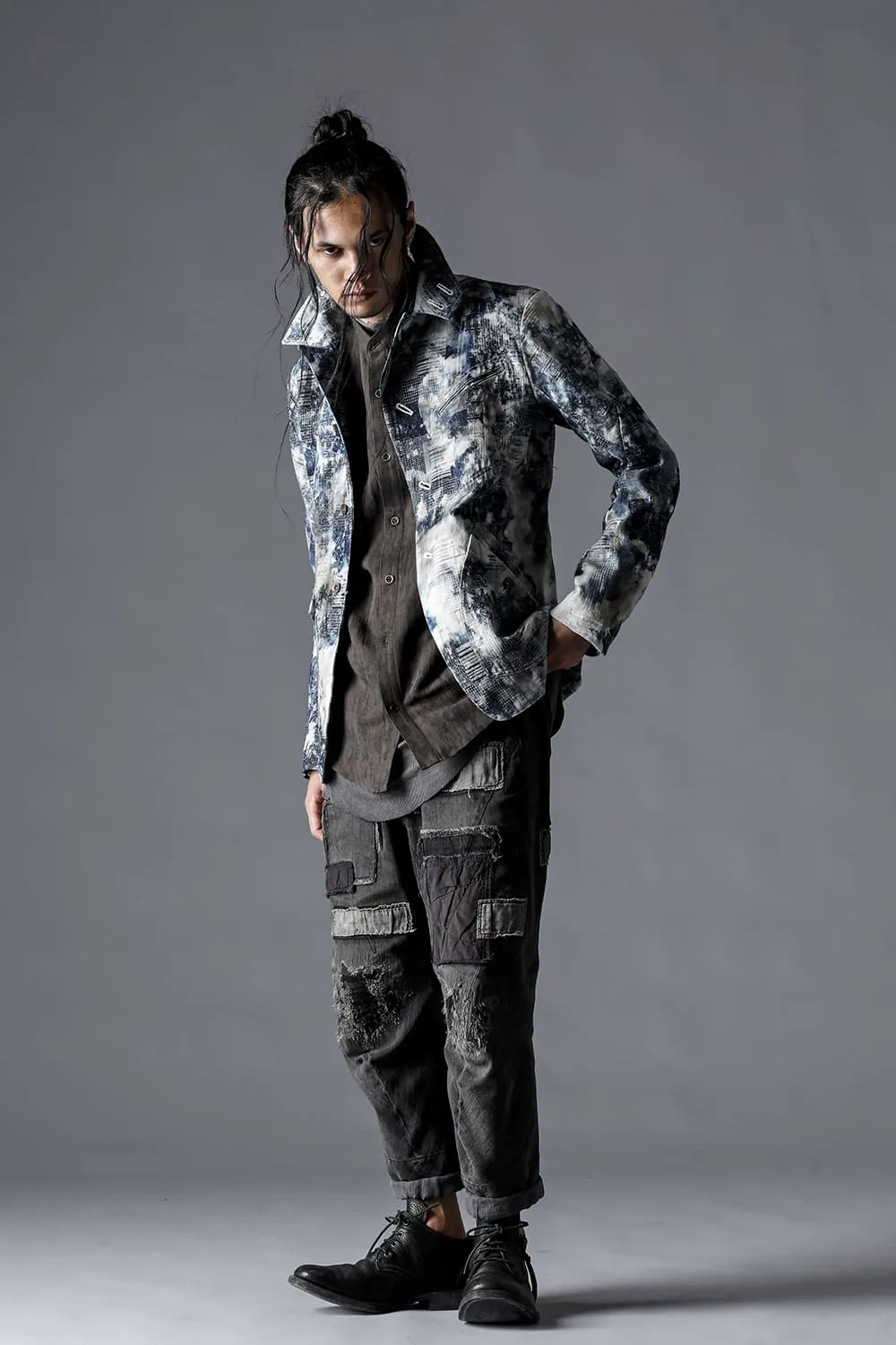 Damage Repair Curved Tapered Drop Crotch Denim Pants