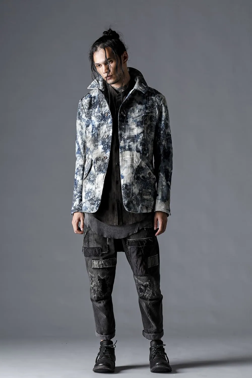 Damage Repair Curved Tapered Drop Crotch Denim Pants