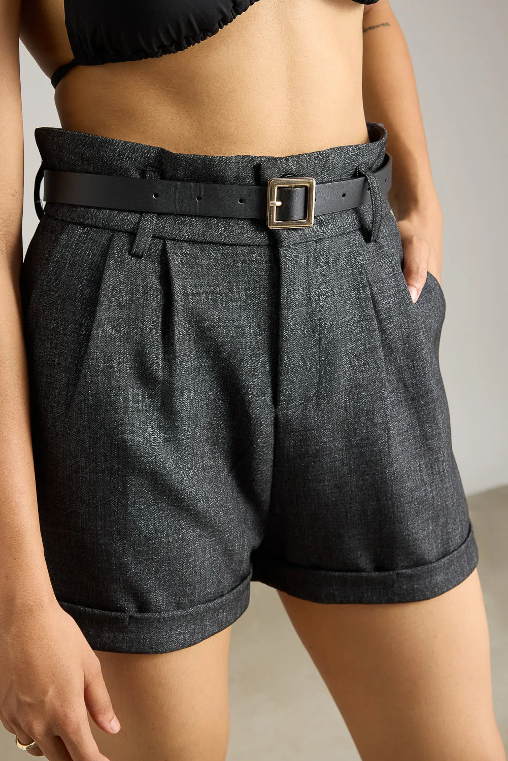 Dense Grey Belted Shorts