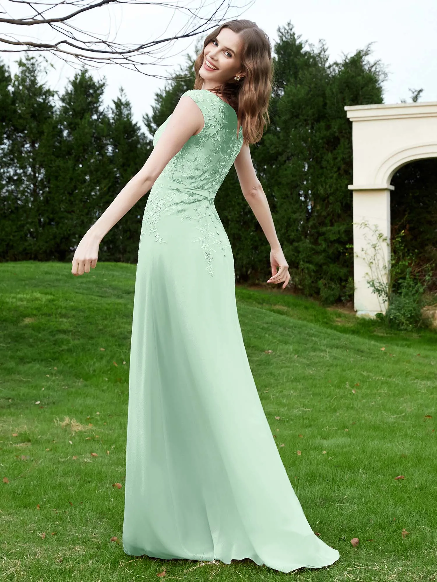Elegant Illusion Lace Appliqued Dress With Buttons Mint Green Plus Size
