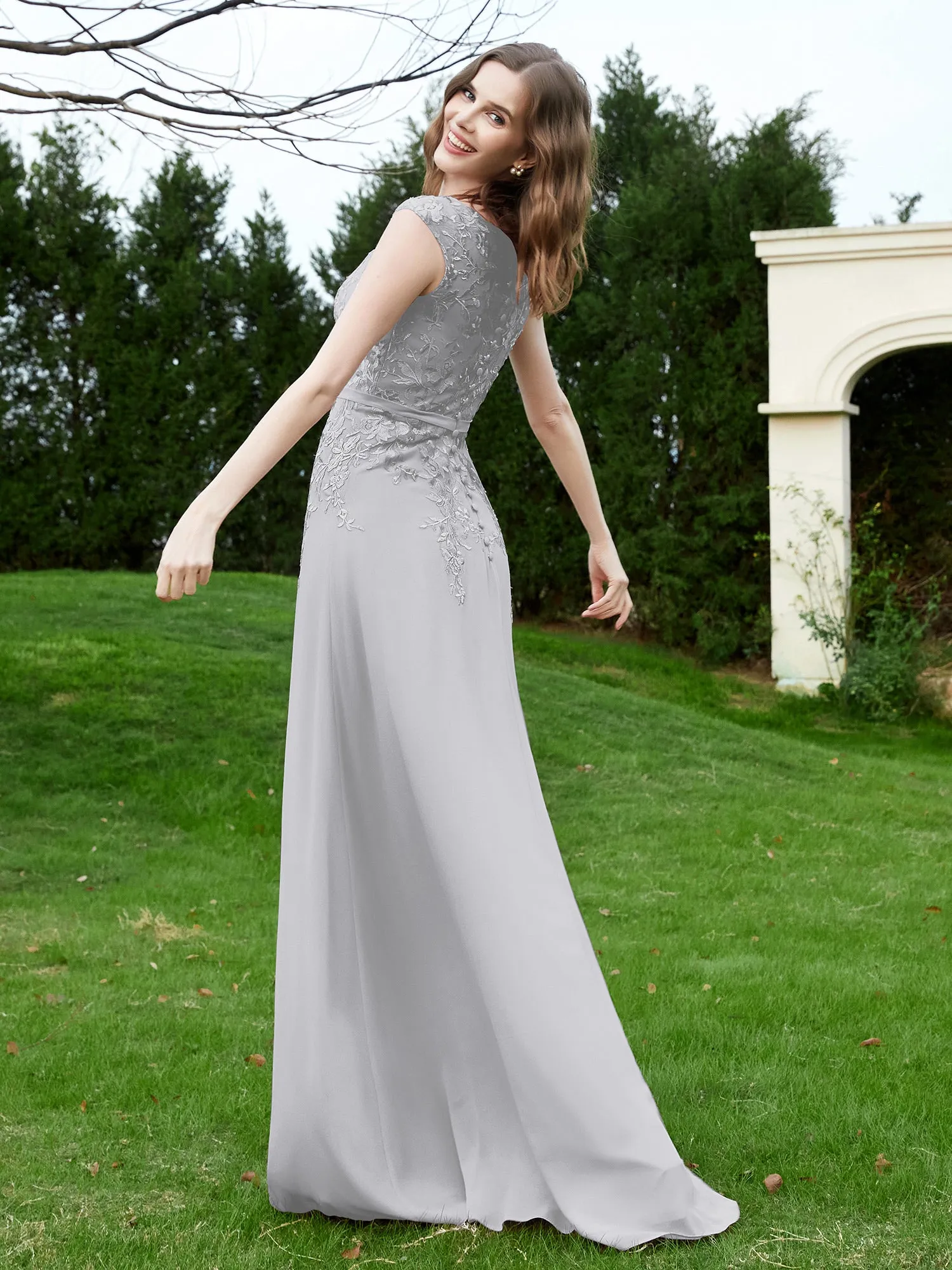 Elegant Illusion Lace Appliqued Dress With Buttons Silver Plus Size