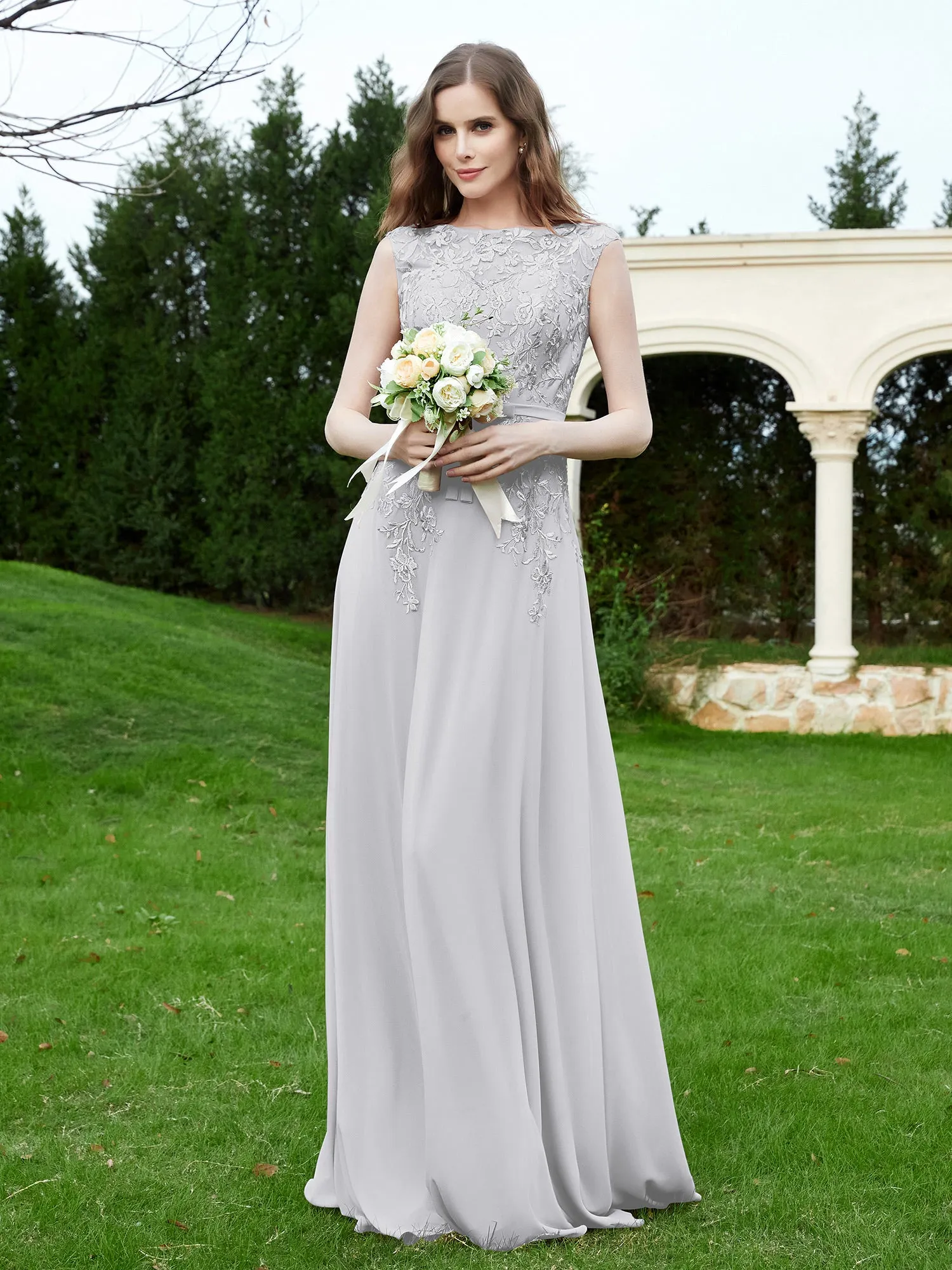 Elegant Illusion Lace Appliqued Dress With Buttons Silver Plus Size