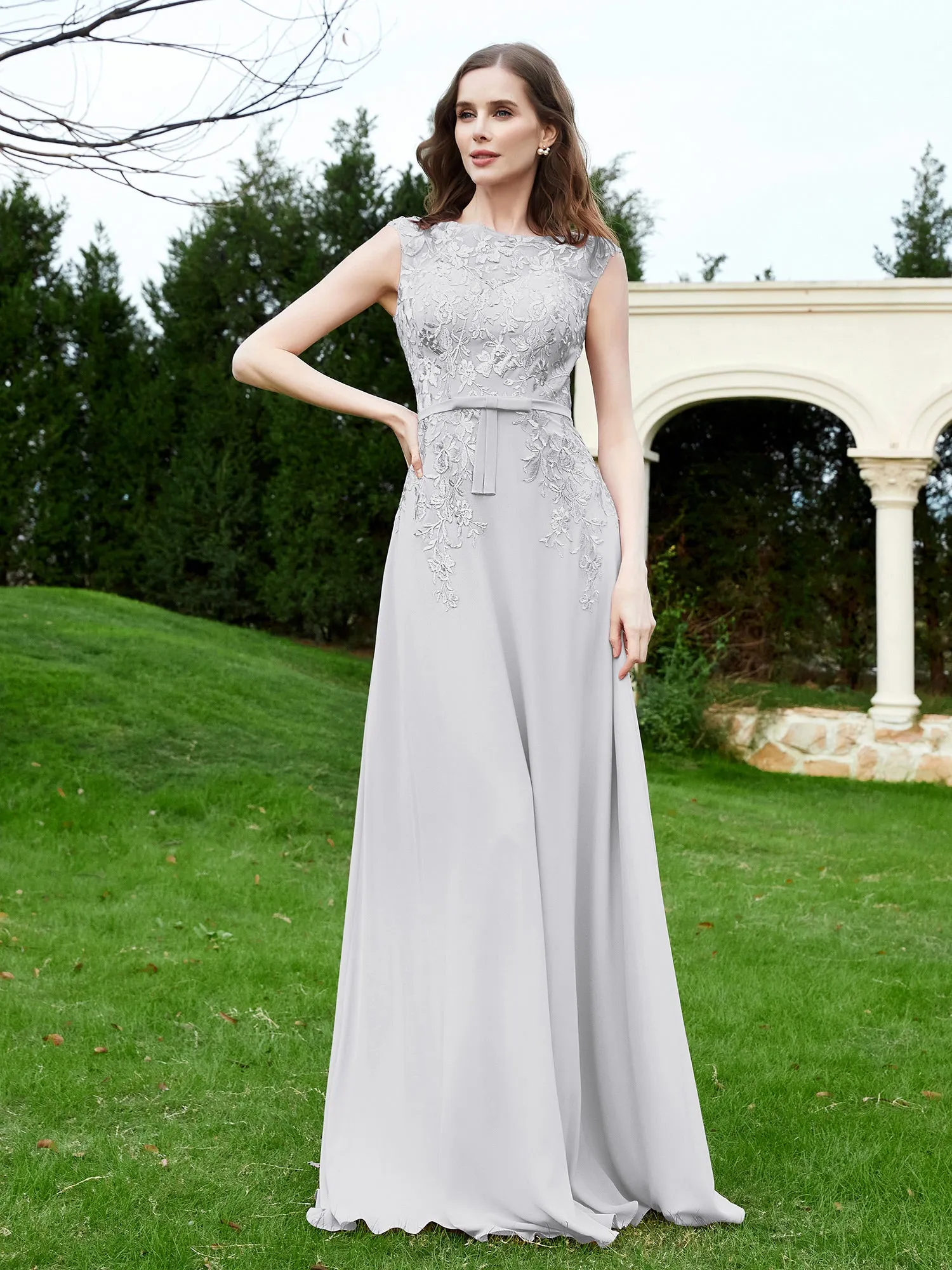 Elegant Illusion Lace Appliqued Dress With Buttons Silver Plus Size