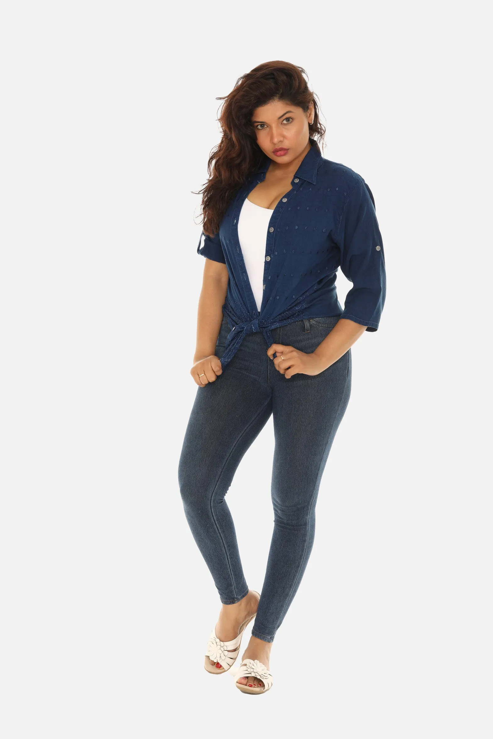 Embroidered Hem Women's Button Down Shirt