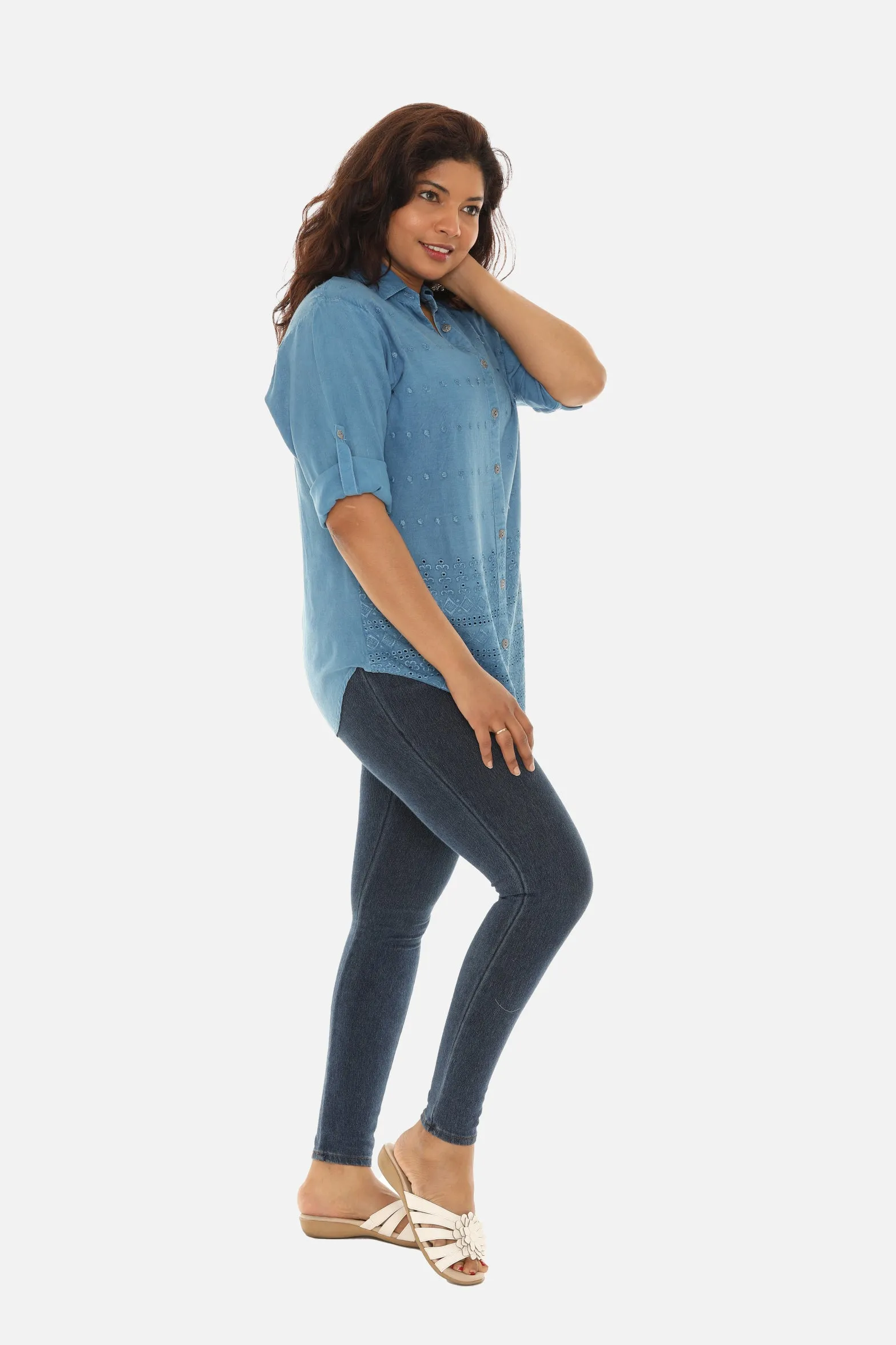 Embroidered Hem Women's Button Down Shirt