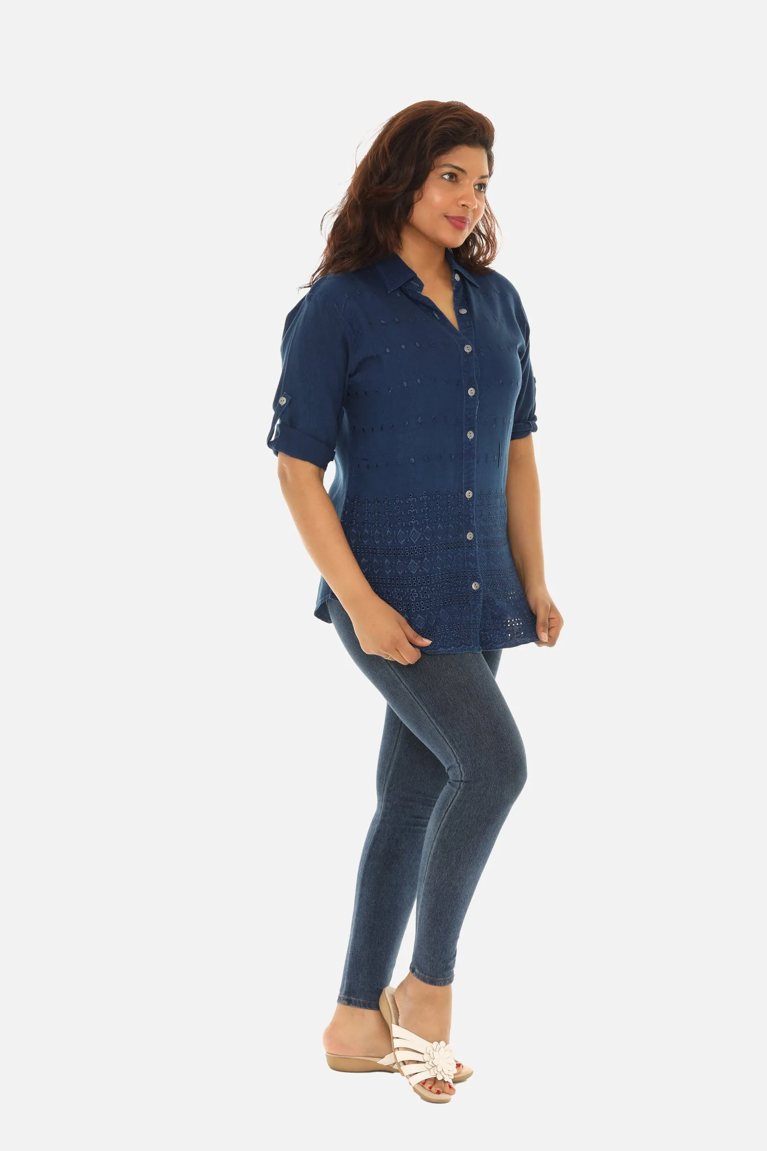 Embroidered Hem Women's Button Down Shirt