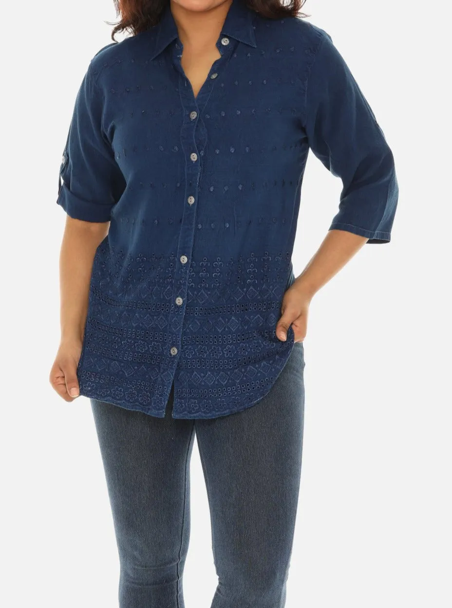 Embroidered Hem Women's Button Down Shirt