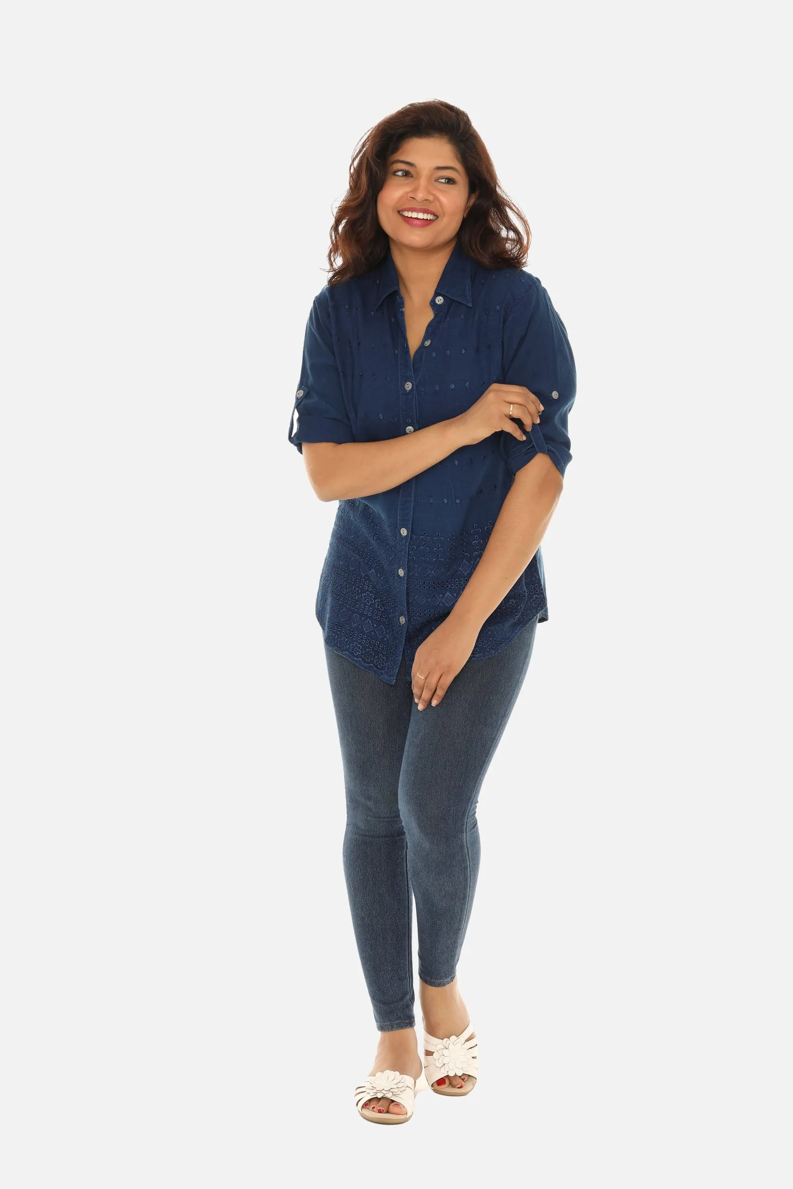 Embroidered Hem Women's Button Down Shirt