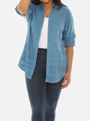 Embroidered Hem Women's Button Down Shirt