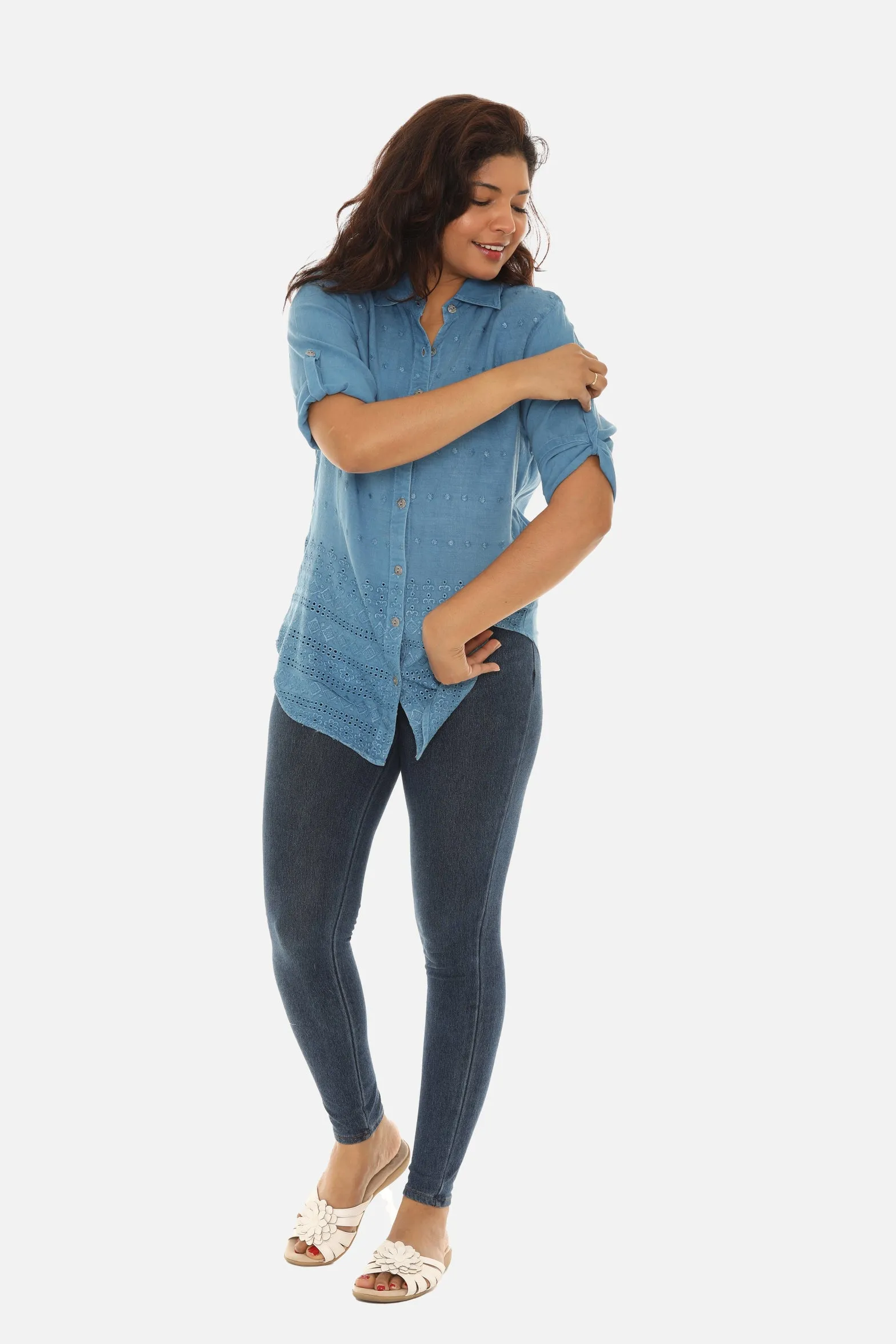 Embroidered Hem Women's Button Down Shirt