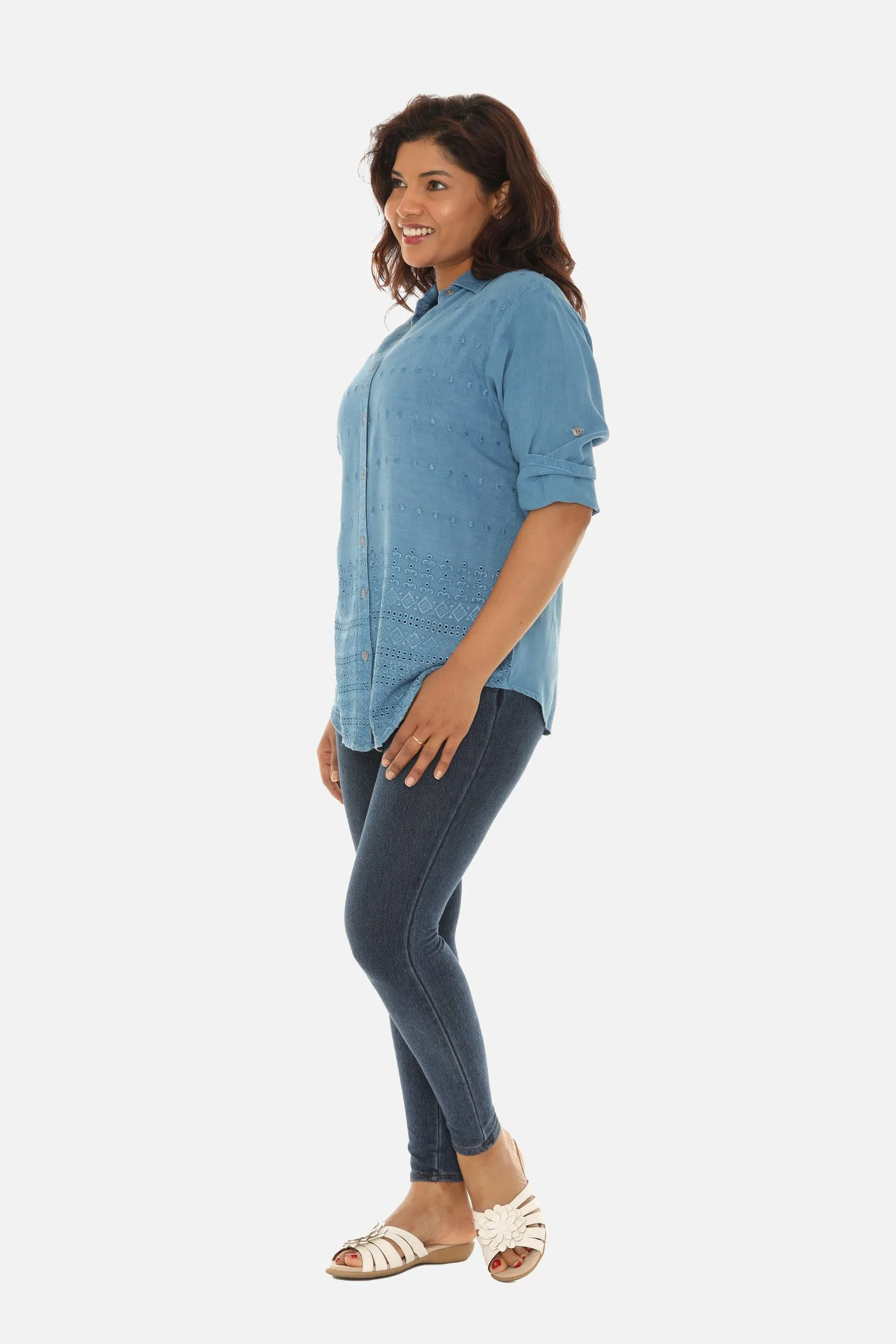 Embroidered Hem Women's Button Down Shirt
