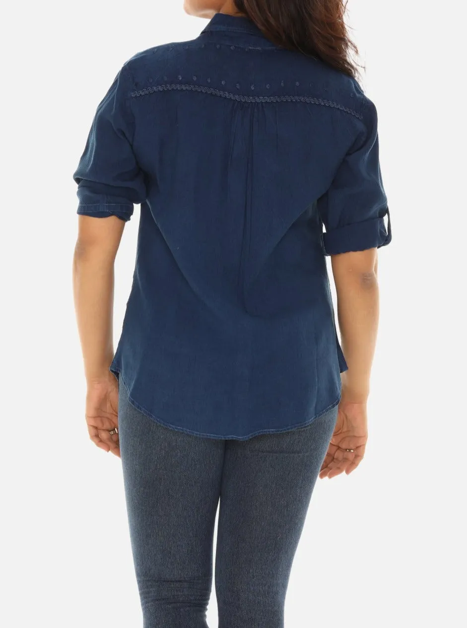 Embroidered Hem Women's Button Down Shirt