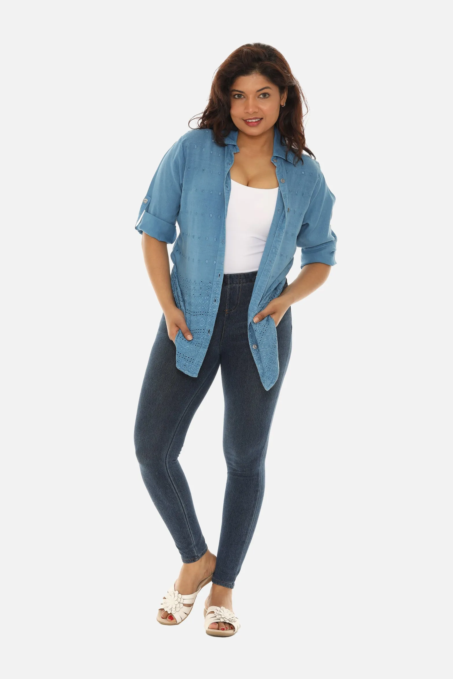 Embroidered Hem Women's Button Down Shirt