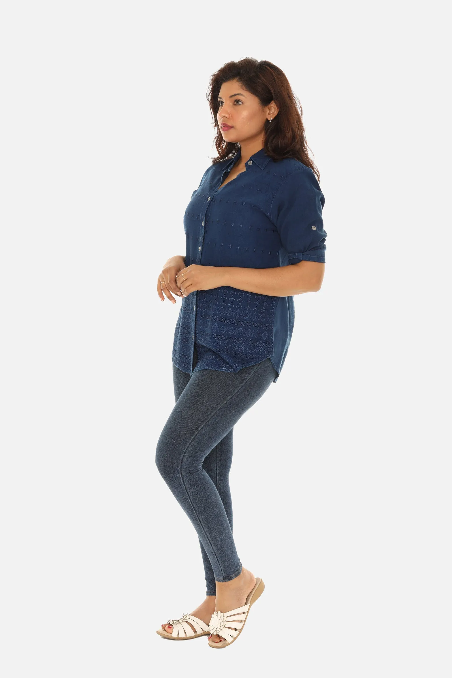 Embroidered Hem Women's Button Down Shirt