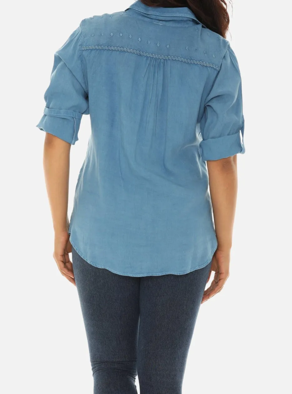 Embroidered Hem Women's Button Down Shirt