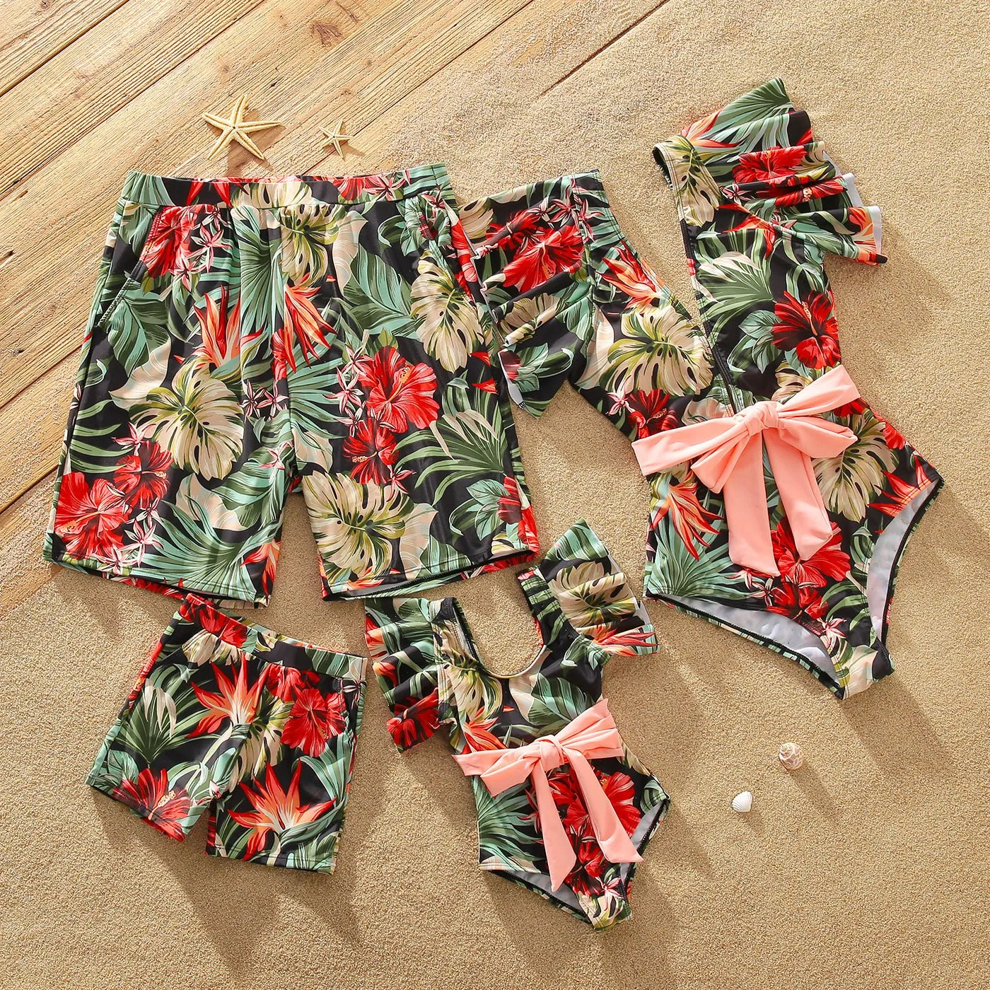 Family Matching Allover Floral Print Swim Trunks Shorts and Ruffle Belted One-Piece Swimsuit