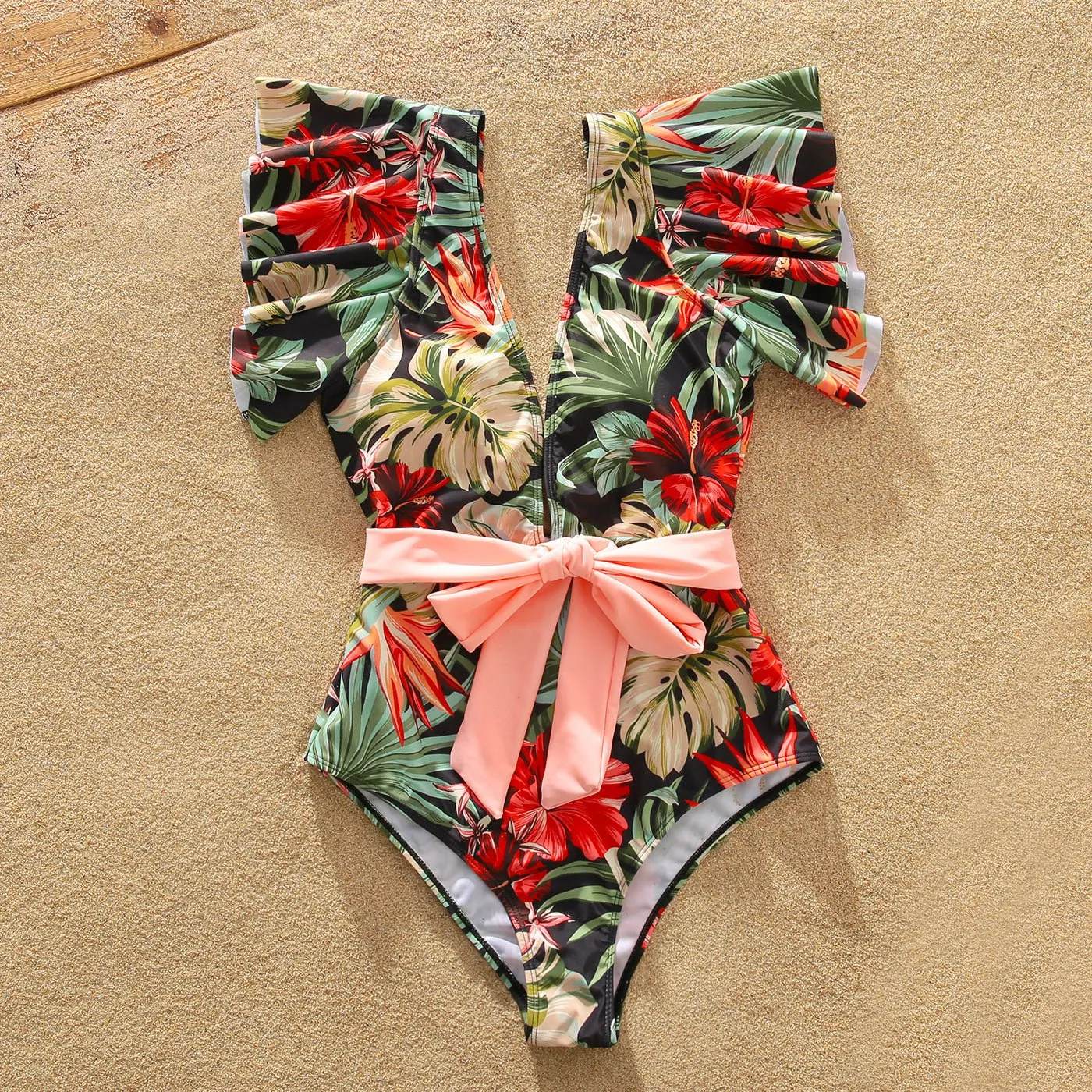 Family Matching Allover Floral Print Swim Trunks Shorts and Ruffle Belted One-Piece Swimsuit