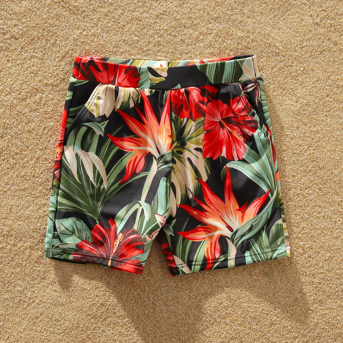 Family Matching Allover Floral Print Swim Trunks Shorts and Ruffle Belted One-Piece Swimsuit