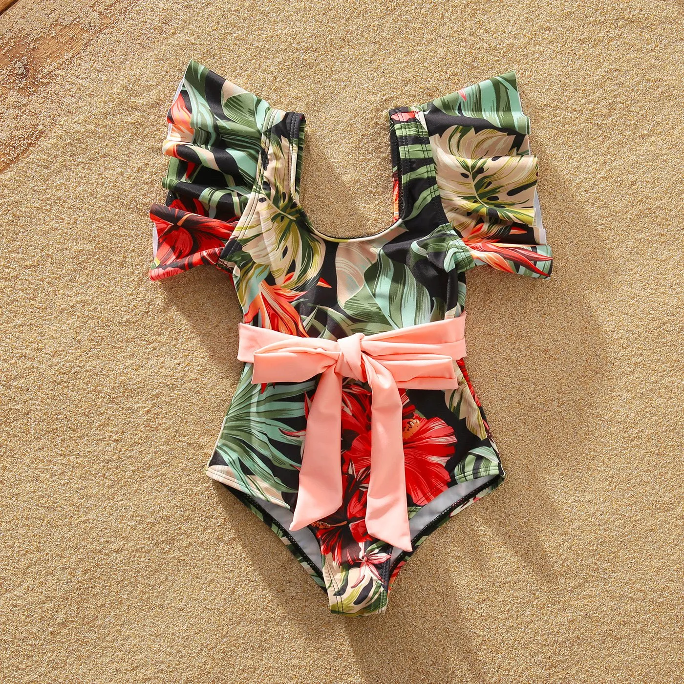 Family Matching Allover Floral Print Swim Trunks Shorts and Ruffle Belted One-Piece Swimsuit