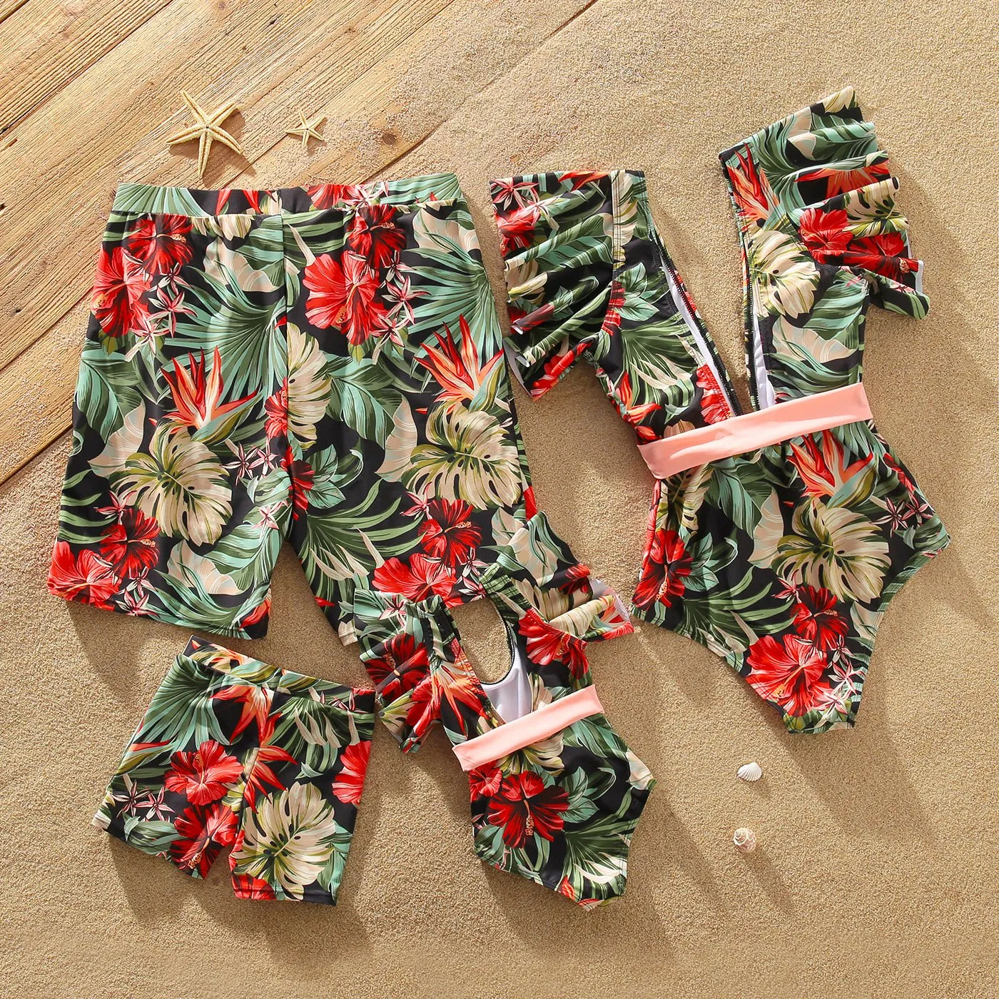 Family Matching Allover Floral Print Swim Trunks Shorts and Ruffle Belted One-Piece Swimsuit