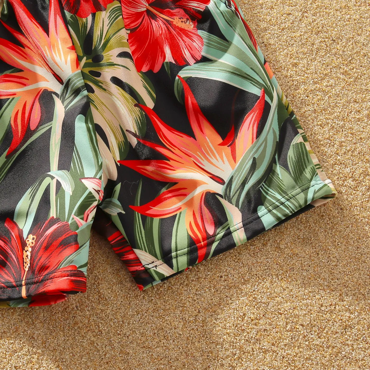 Family Matching Allover Floral Print Swim Trunks Shorts and Ruffle Belted One-Piece Swimsuit