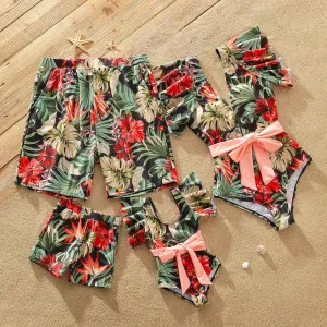 Family Matching Allover Floral Print Swim Trunks Shorts and Ruffle Belted One-Piece Swimsuit