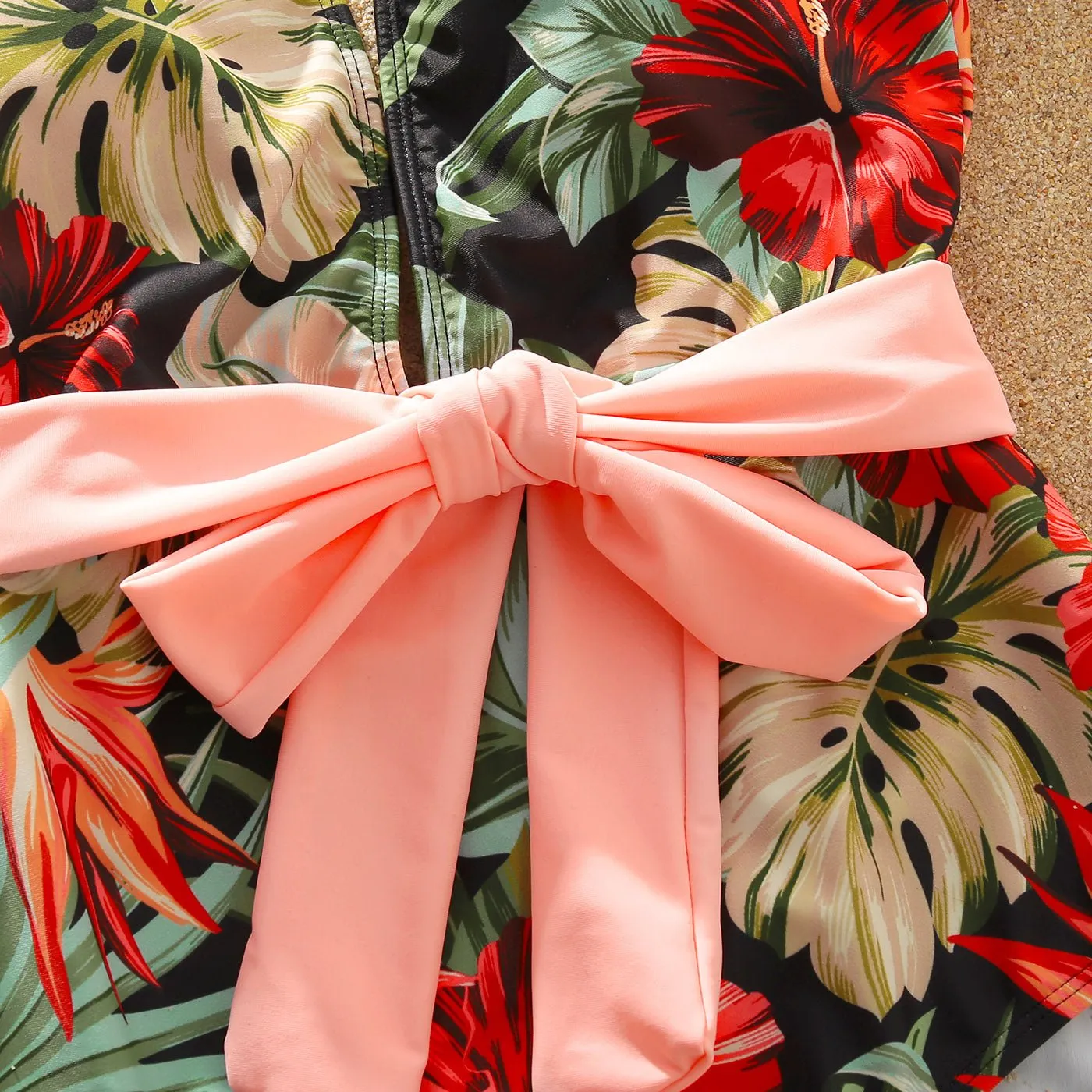Family Matching Allover Floral Print Swim Trunks Shorts and Ruffle Belted One-Piece Swimsuit