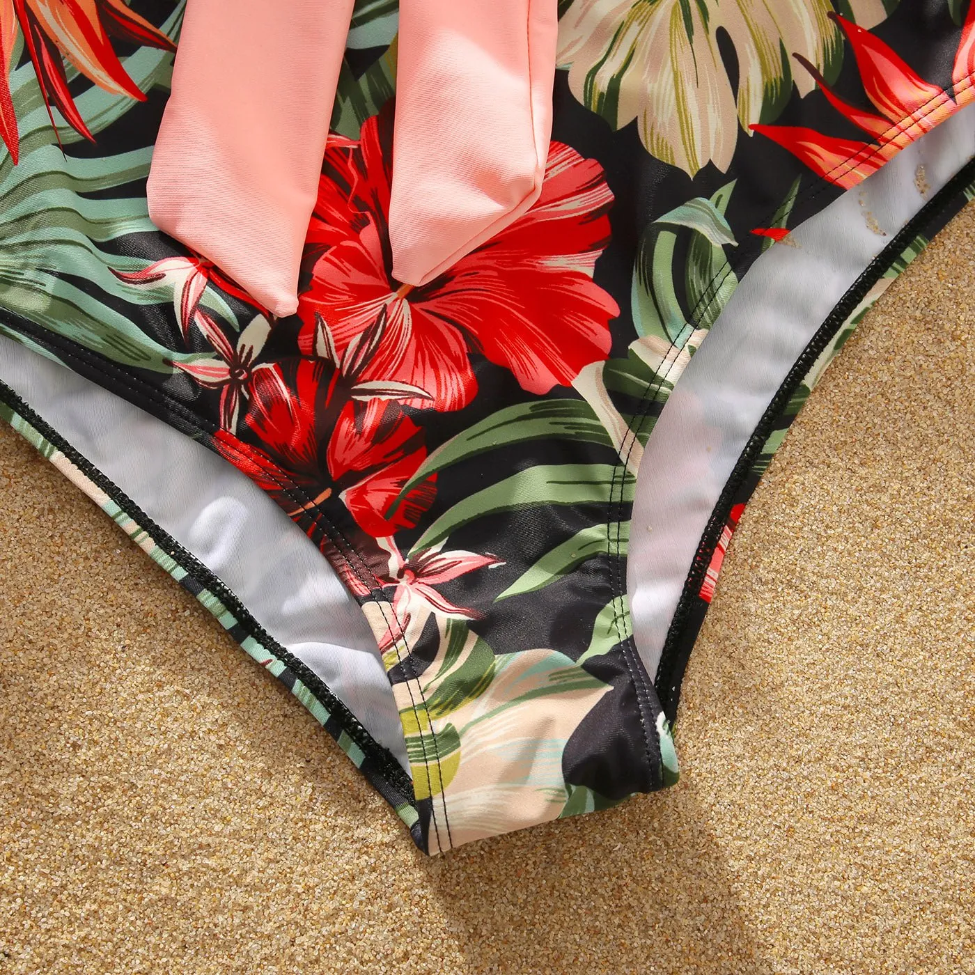 Family Matching Allover Floral Print Swim Trunks Shorts and Ruffle Belted One-Piece Swimsuit