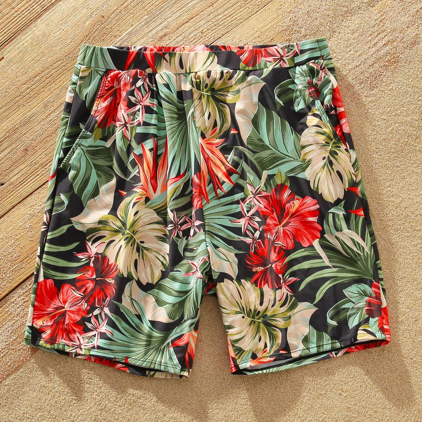Family Matching Allover Floral Print Swim Trunks Shorts and Ruffle Belted One-Piece Swimsuit