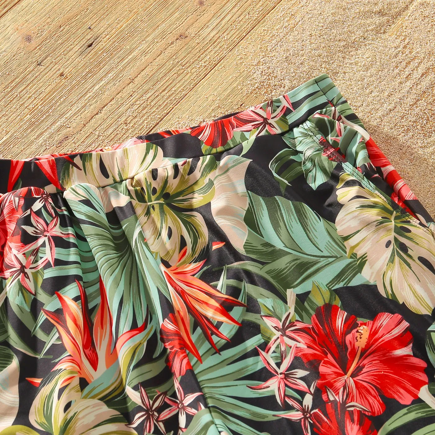Family Matching Allover Floral Print Swim Trunks Shorts and Ruffle Belted One-Piece Swimsuit
