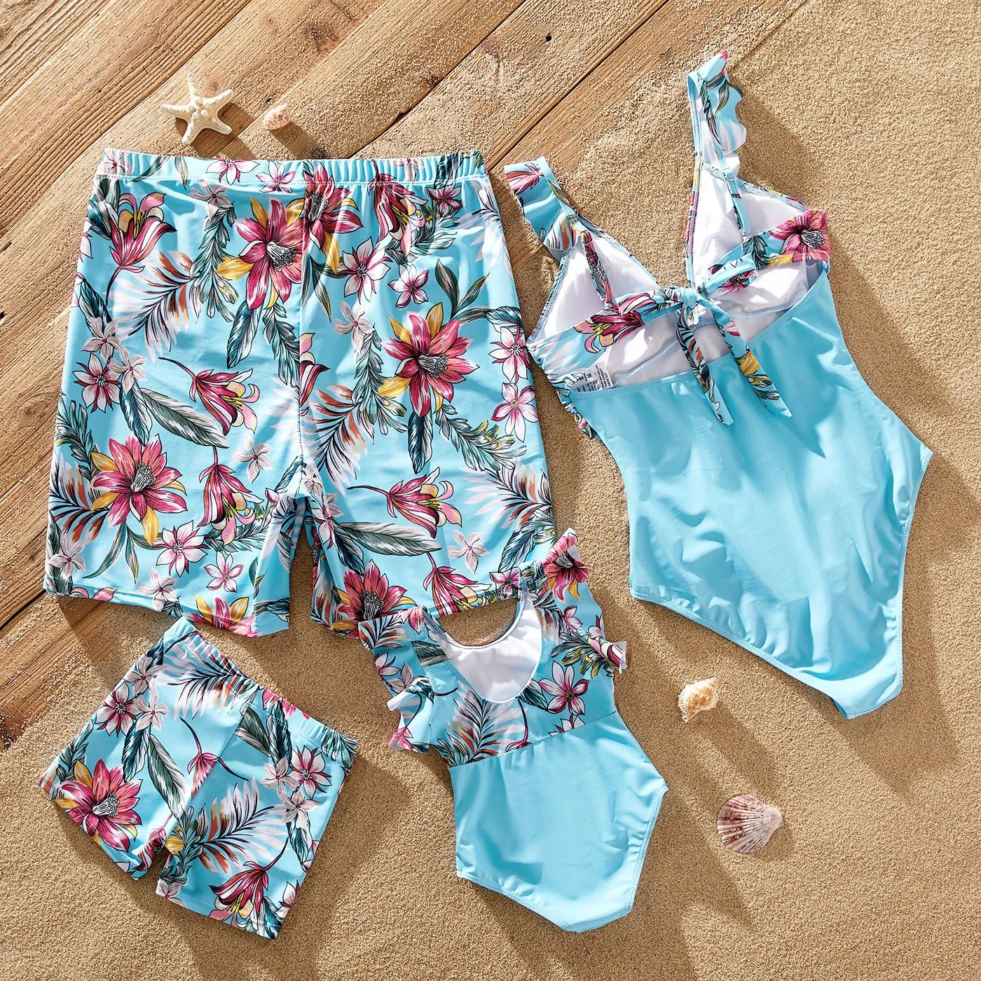 Family Matching Solid Scallop Trim Strappy Two-piece Swimsuit and Allover Floral Print Swim Trunks Shorts