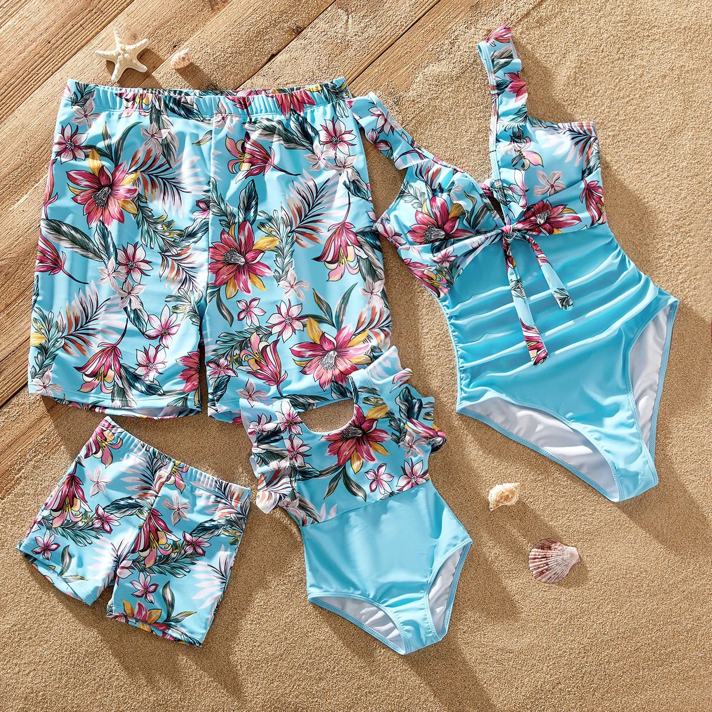 Family Matching Solid Scallop Trim Strappy Two-piece Swimsuit and Allover Floral Print Swim Trunks Shorts