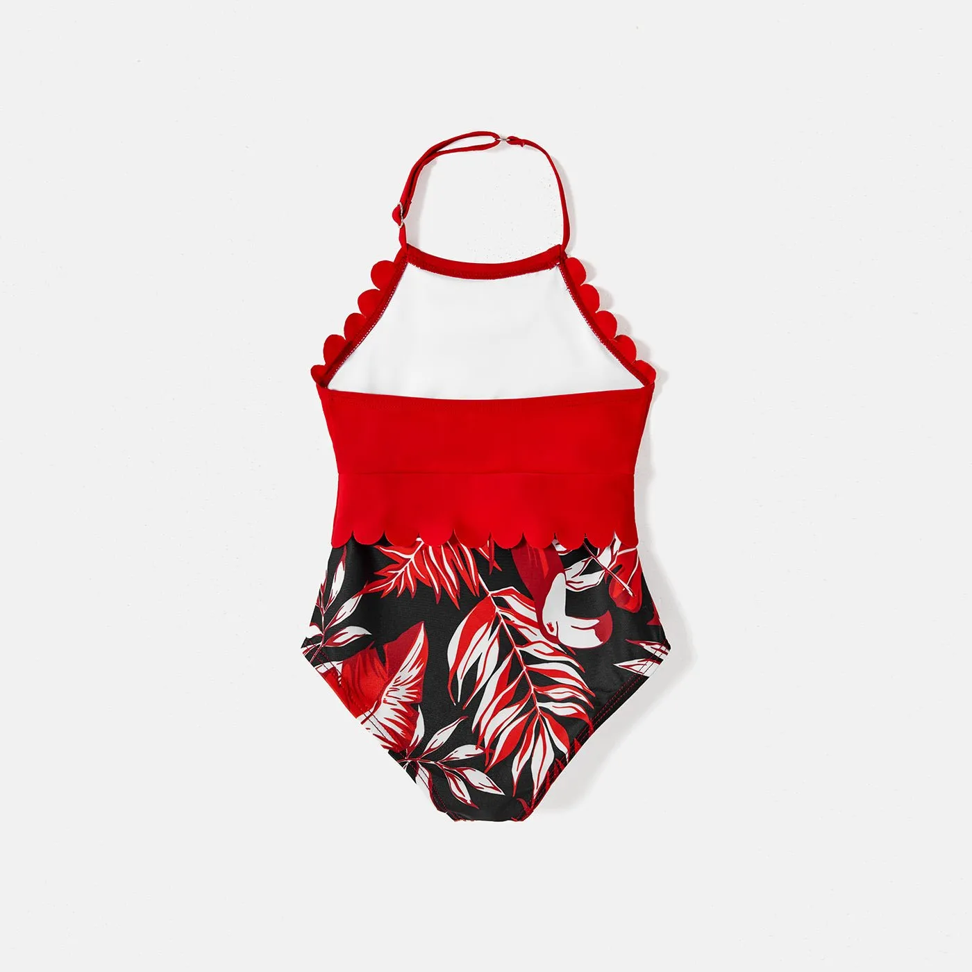 Family Matching Solid Scallop Trim Strappy Two-piece Swimsuit and Allover Floral Print Swim Trunks Shorts