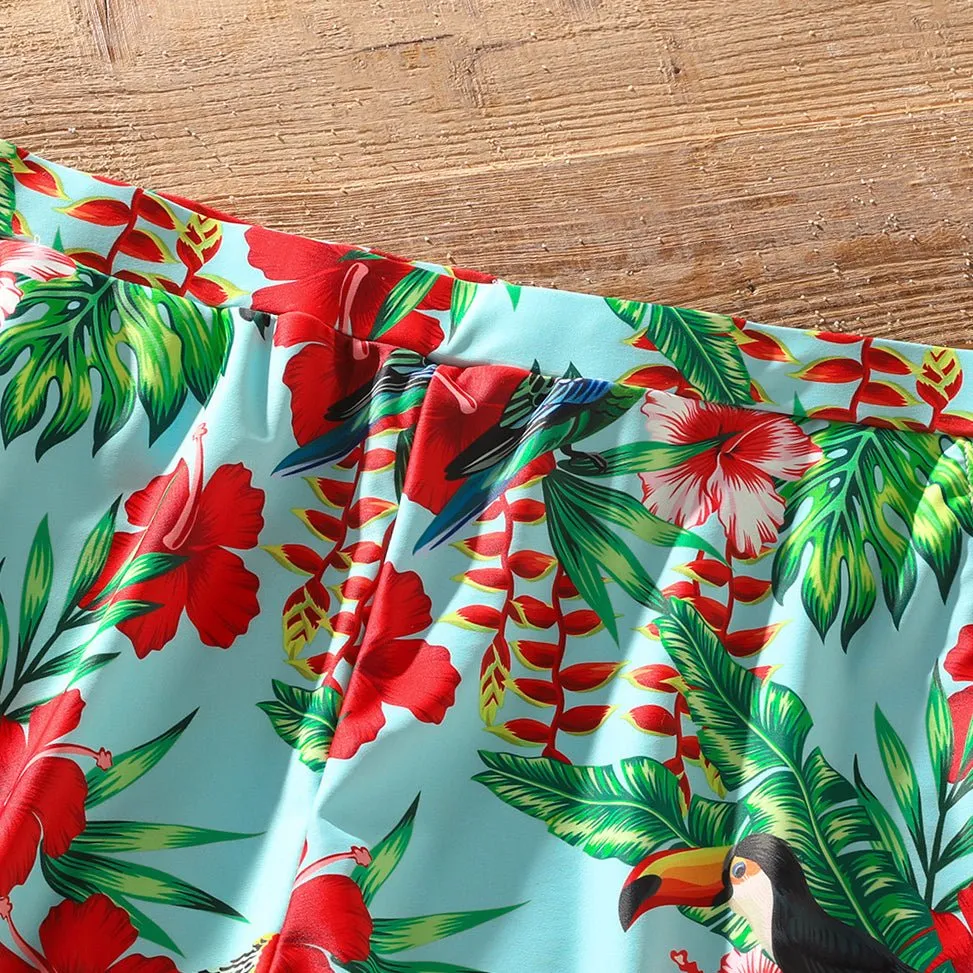 Family Matching Solid Scallop Trim Strappy Two-piece Swimsuit and Allover Floral Print Swim Trunks Shorts